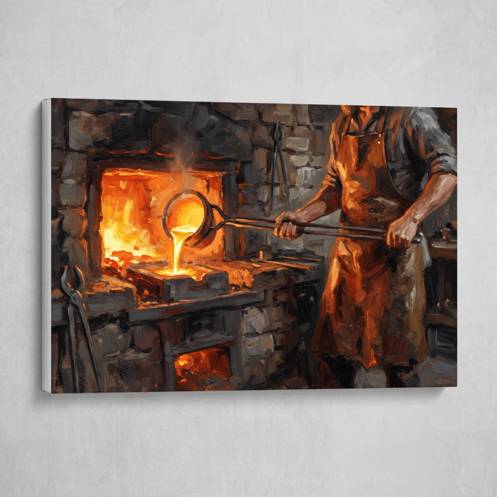 A person in an apron pouring molten metal from a furnace into a mold.