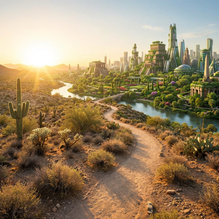 Futuristic city with skyscrapers and lush gardens along a river in a desert landscape.