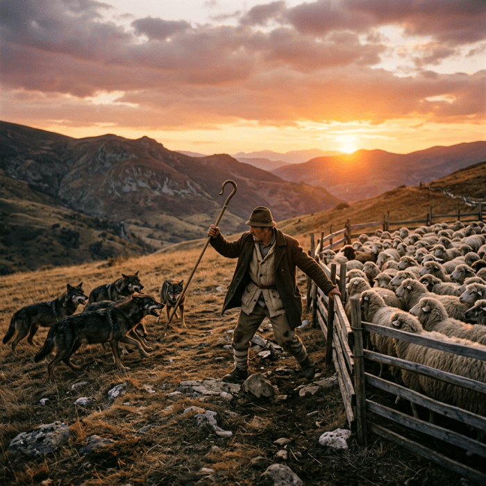 Shepherd using a staff to guard sheep from approaching wolves at sunset