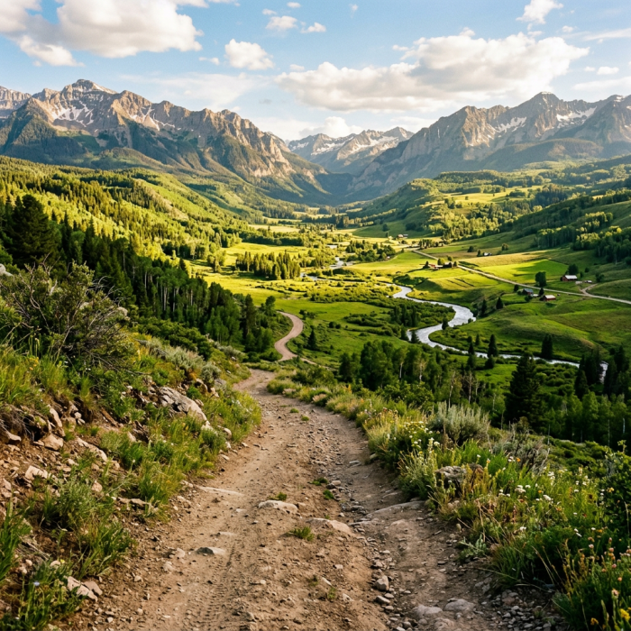 Dirt trail descending into a green valley with a winding river and mountains