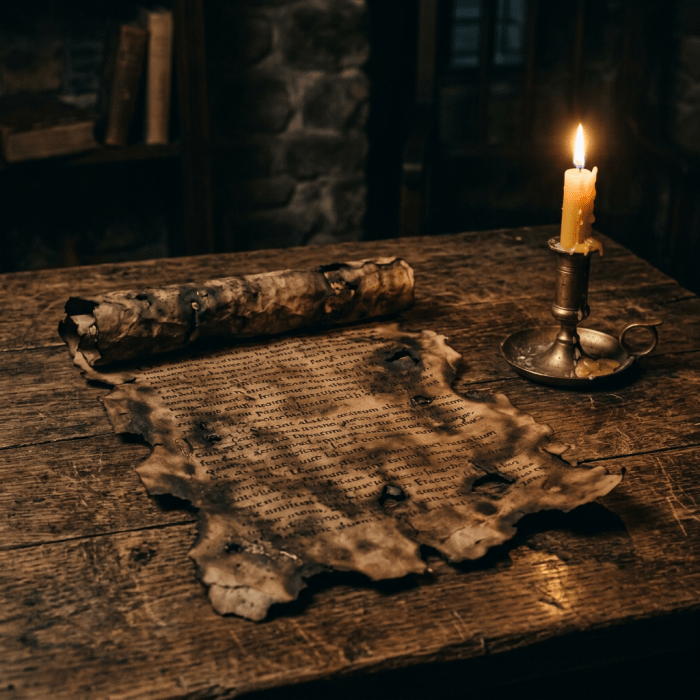 Burnt parchment with text beside a lit candle on wooden table