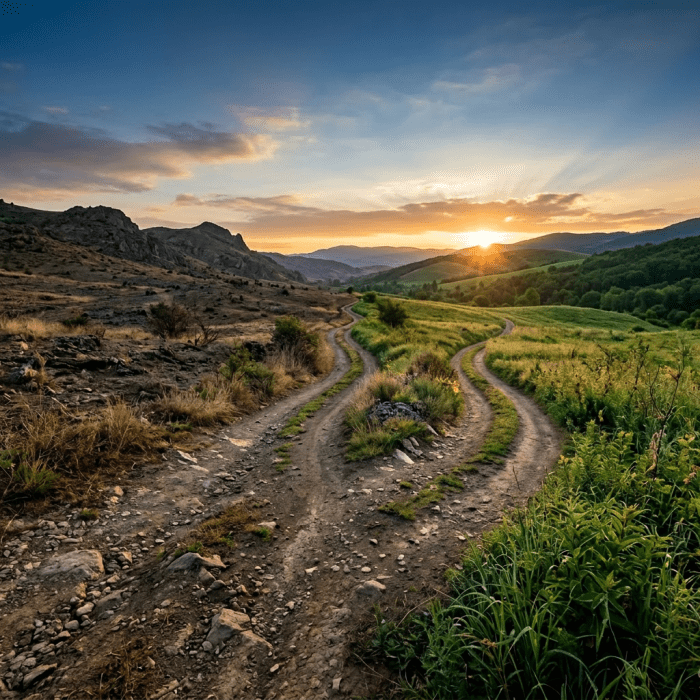 Two dirt paths diverging in a green and rocky mountain landscape at sunset