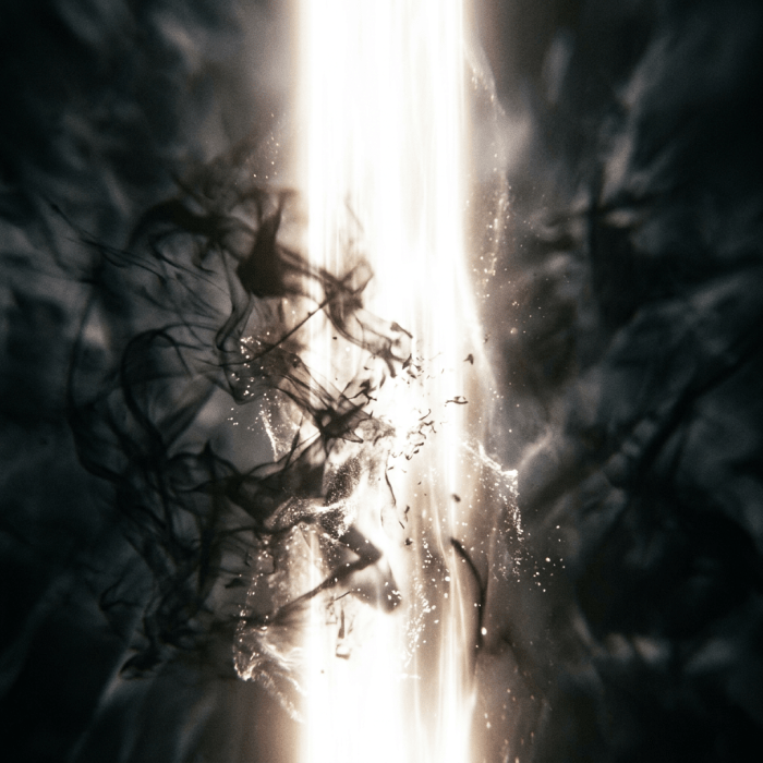 Dark smoke swirling around a bright vertical beam of light with scattered particles