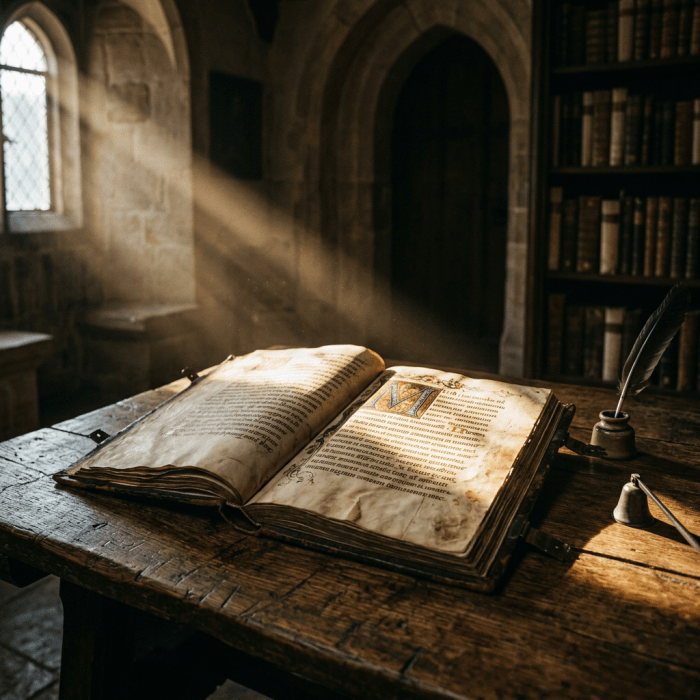 Open ancient manuscript on wooden table illuminated by sunlight in historic library