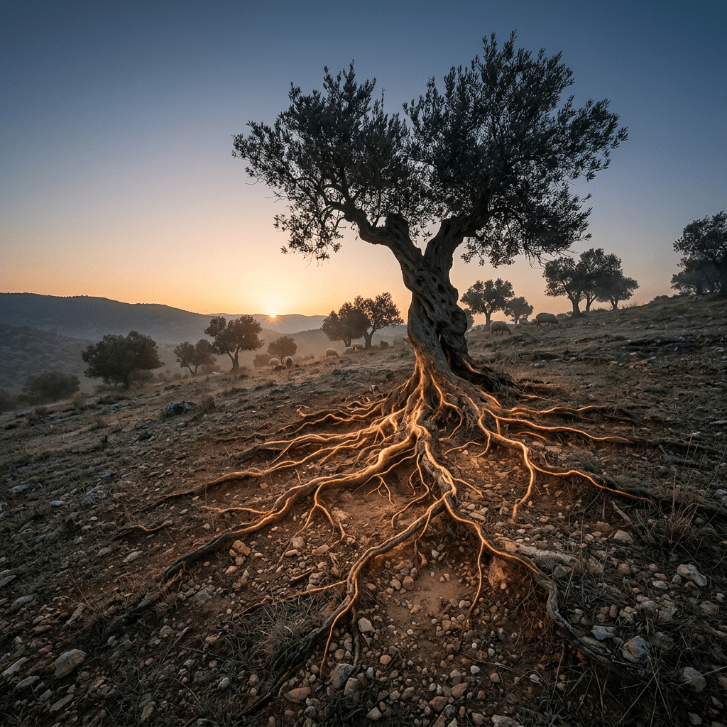 Olive tree with extensive exposed roots illuminated by sunset light on rocky hillside