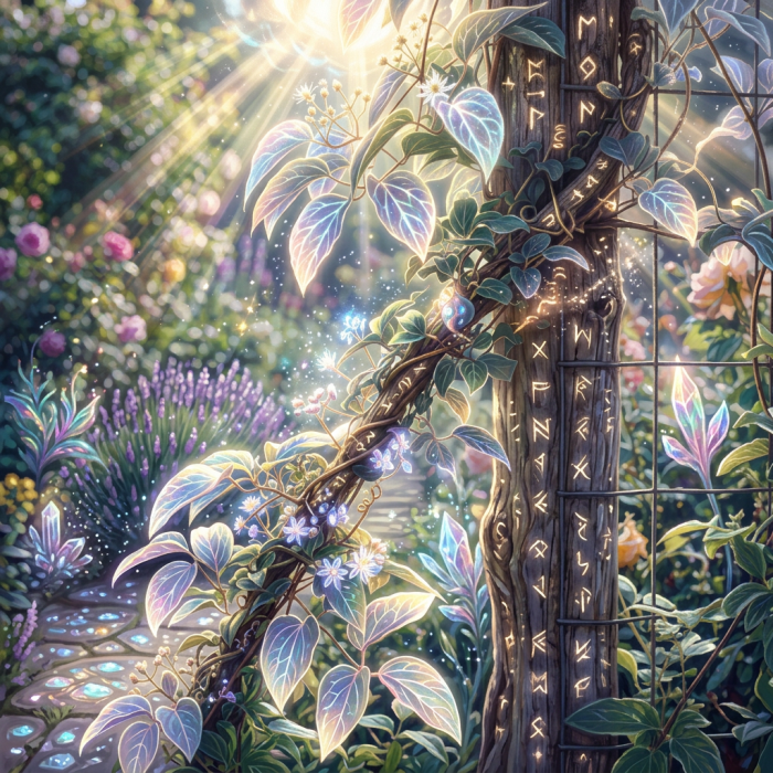 Wooden post with glowing runes entwined by flowering vine in sunlit garden