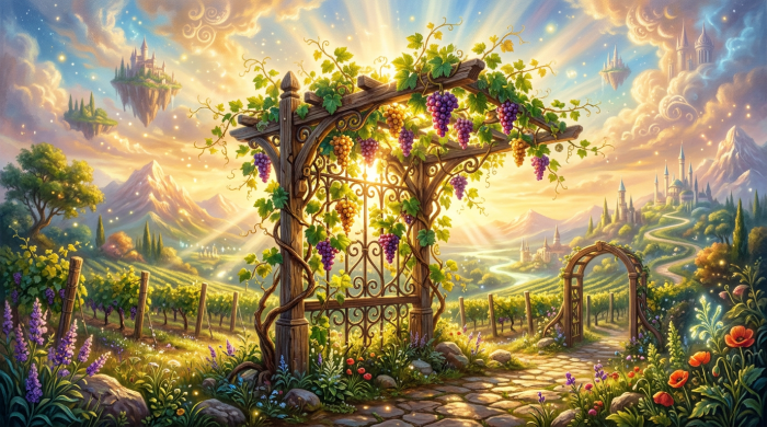 Vineyard landscape with grape-laden arbor, floating castles, and distant mountains at sunrise