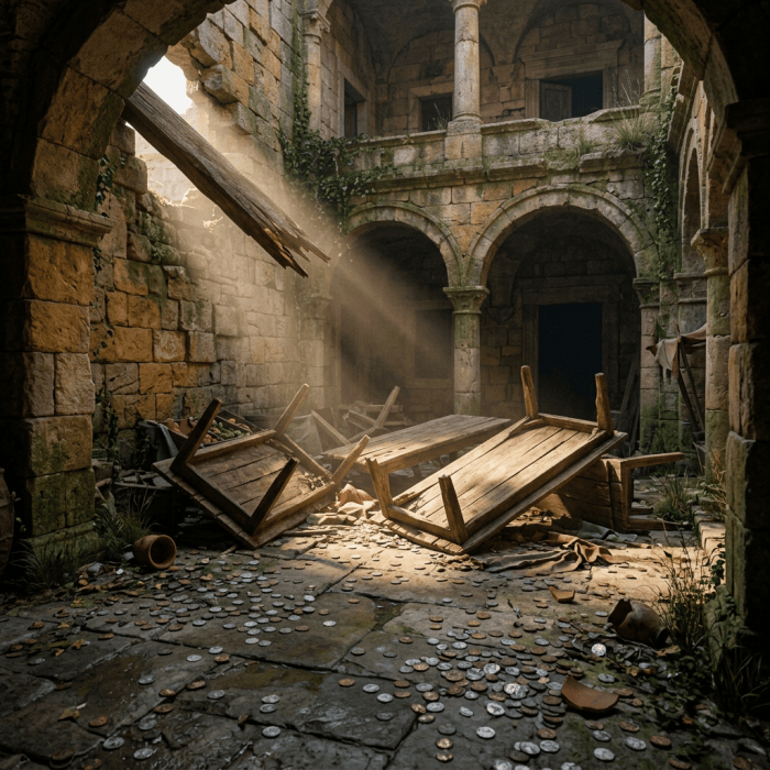 Overturned wooden tables and coins scattered on stone floor in an old stone courtyard with arches and sunlight.