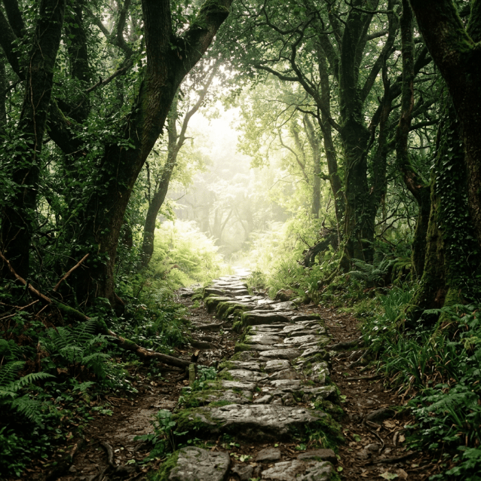 Stone path covered with moss through dense green forest with sunlight