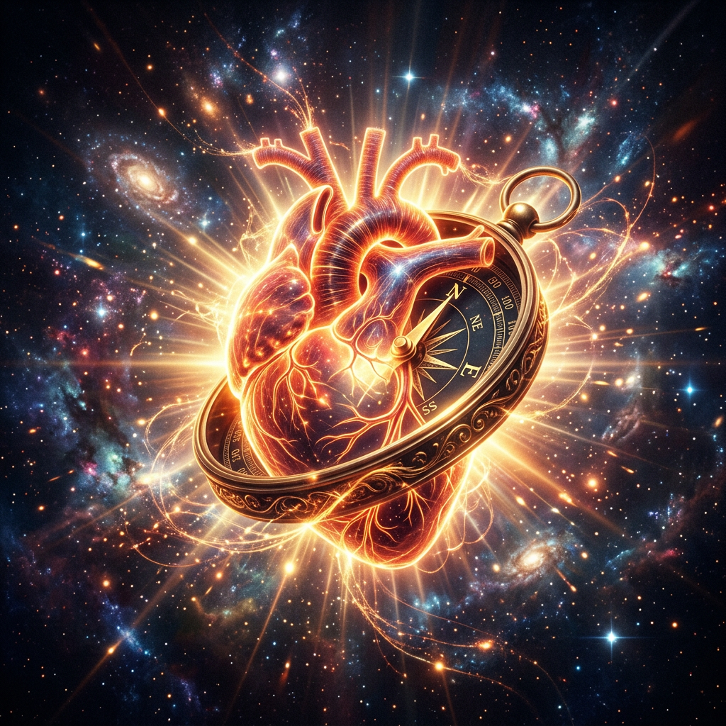 Glowing anatomical heart entwined with compass surrounded by stars