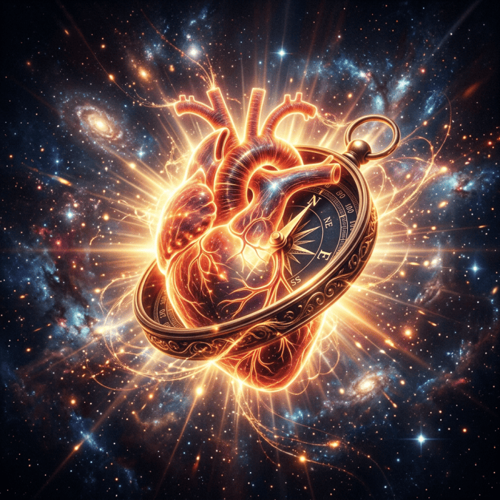 Glowing anatomical heart entwined with compass surrounded by stars