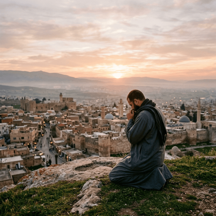 Man kneeling and praying on a hill overlooking an ancient city at sunset