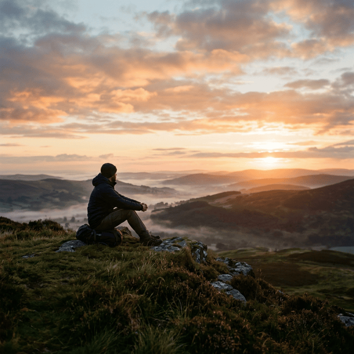 Hiker sitting on rocky hill watching sunrise over misty mountains