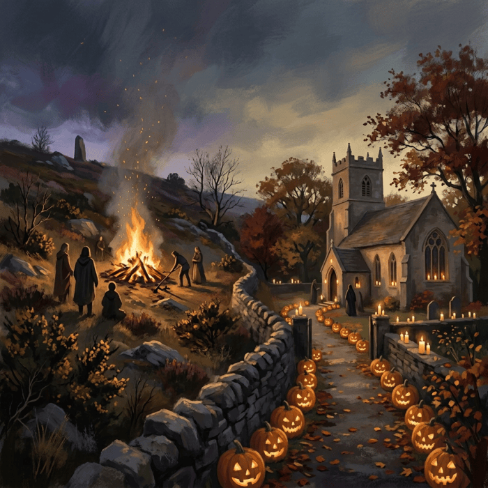 People gather around a bonfire beside a candlelit church on an autumn evening