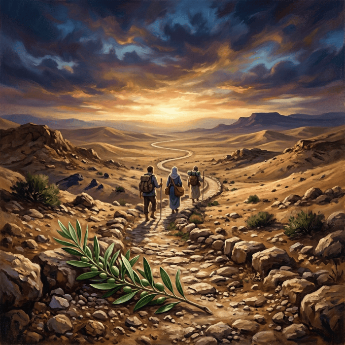Rocky desert path winding toward mountains beneath a dramatic sunset sky