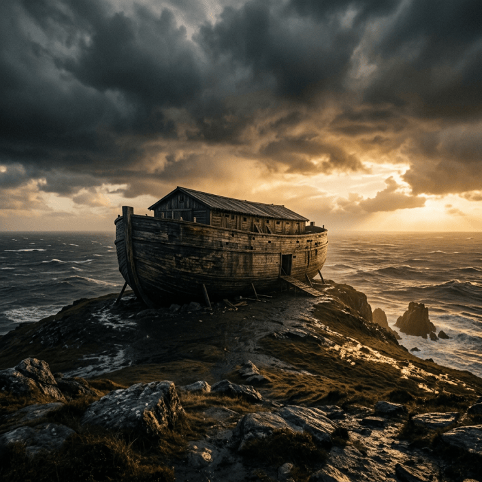 Large abandoned wooden vessel on rocky coast beneath stormy sunset skies
