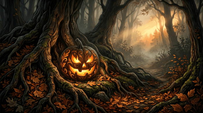 Glowing lantern resting among tree roots beside an autumn forest path