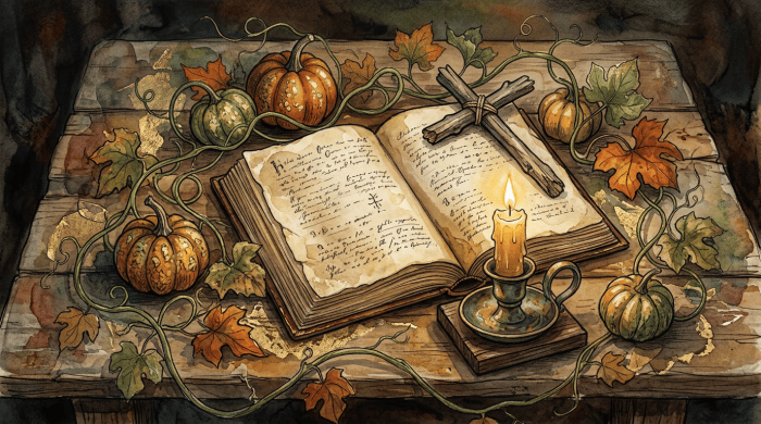 Pumpkin vines, weathered cross branch, open Bible, candlelight